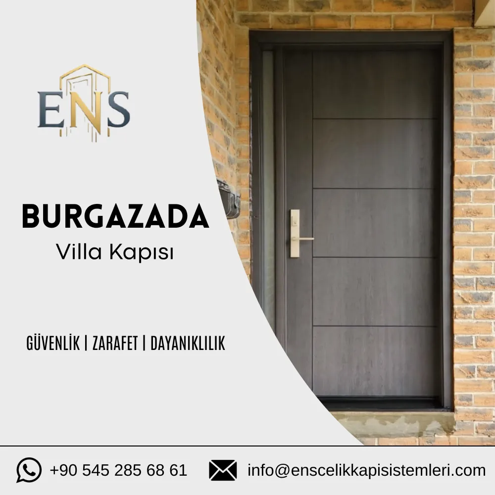 Burgazada villa kapısı için deniz iklimine dayanıklı ahşap görünümlü çelik villa kapısı modeli.