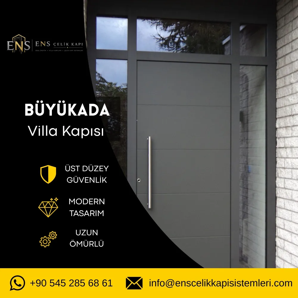Büyükada villa kapısı için deniz iklimine dayanıklı ahşap görünümlü çelik villa kapısı modeli.