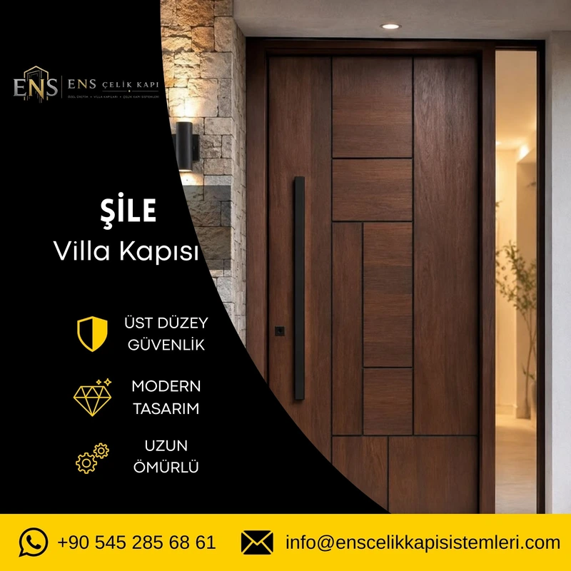 Şile villa kapısı için Karadeniz iklimine dayanıklı ahşap görünümlü çelik villa kapısı modeli`