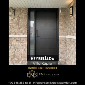 Heybeliada villa kapısı için deniz iklimine dayanıklı ahşap görünümlü çelik villa kapısı modeli.